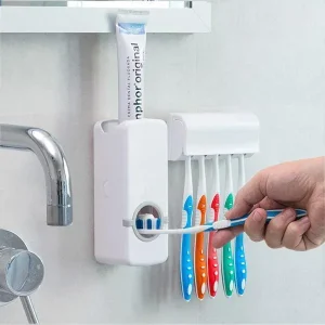 Product details of Bathroom Accessories Toothpaste Dispenser Automatic Toothpaste Squeezer And Toothbrush Holder Set Bathroom Tools - 1Pc Automatically Squeeze appropriate amount of toothpaste Excellent for home use in toilet or bathroom No batteries required No more wasted toothpaste. Totally hands-free, clean and tidy Can hold two toothbrush The upside down cup dry fast and dust free Easy installation ToothPaste Dispensoer This wall mounted automatic toothpaste dispenser with five slot toothbrush holder is an innovative product that automatically squeezes the appropriate amount of toothpaste with one-touch and helps you to stop wastage of toothpaste. This automatic and stylish dispenser is an excellent product perfect for home usage that saves your time, and it is the best product for your washroom’s interior. Just squeeze the toothpaste with a single touch to the dispenser. Install this dispenser in your Washroom, and enjoy while cleaning your teeth. Wall Mounted Automatic Toothpaste Dispenser – With Five Slot Tooth Brush Holders.