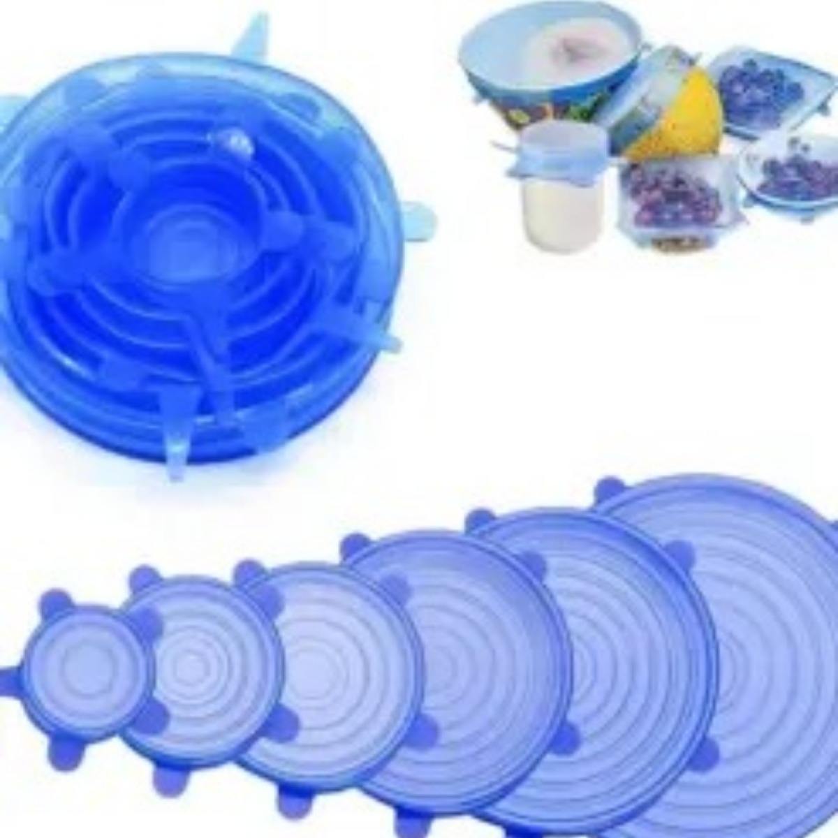 6Pcs Silicone Stretch Lids Reusable Food Storage Reusable Various Sizes Cover for Bowls যেকোনো পাত্রে ফিট হবে পারফেক্টলি—আপনার রান্নাঘরের স্মার্ট সমাধান! এটি কেন ব্যবহার করা হয়? এটি মূলত খোলা বাটি, মগ, থালা বা কাটা ফলের (যেমন: তরমুজ বা পেঁপে) মুখ বন্ধ করতে ব্যবহার করা হয়। এতে বাতাস ঢুকতে পারে না, ফলে খাবার দীর্ঘক্ষণ সতেজ থাকে। এগুলো সিলিকনের তৈরি হওয়ায় বেশ ইলাস্টিক বা স্থিতিস্থাপক। তাই যেকোনো আকৃতির পাত্রের ওপর সহজেই সেট হয়ে যায়। একবার ব্যবহারযোগ্য প্লাস্টিক বা পলিথিন র্যাপের বদলে এটি বারবার ধুয়ে ব্যবহার করা যায়, যা সাশ্রয়ী এবং পরিবেশের জন্য ভালো। বিশেষ সুবিধাসমূহ: এগুলো ফ্রিজে রাখা যায়। এটি পাত্রের মুখে শক্তভাবে লেগে থাকে, ফলে তরল খাবার উপচে পড়ার ভয় থাকে না। হাত দিয়ে বা ডিশওয়াশারে সহজেই ধুয়ে ফেলা যায়। - Image 2