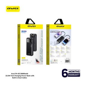 Awei PA-93 20000mAh Power Bank – 22.5W Fast Charging | Built-in Dual Cable | 6 Months Warranty