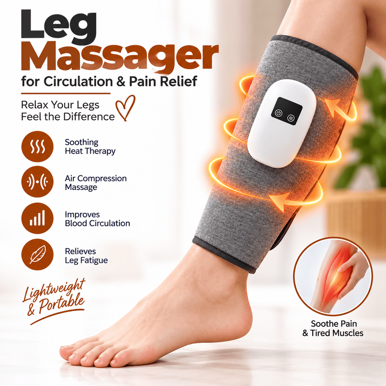 Cordless Leg Massager with Heat & Air Compression for Pain Relief