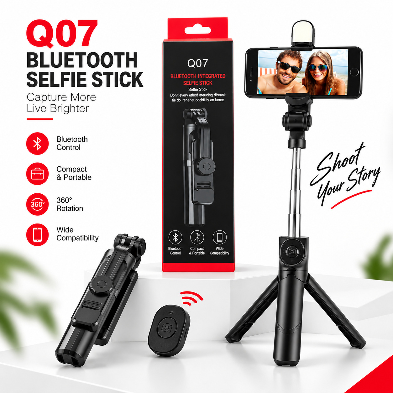 Foldable Q07 Mini Tripod & Bluetooth Selfie Stick – Extendable Portable Stand with LED Light & Wireless Remote Shutter for All Smartphones