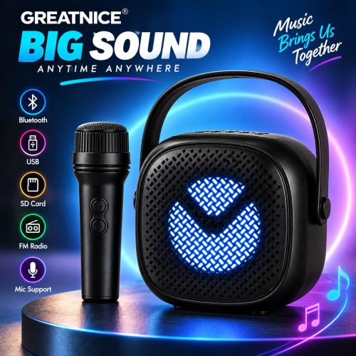 GREATNICE Portable Bluetooth Speaker with Mic – Wireless Speaker with FM Radio, USB, SD Card & Karaoke