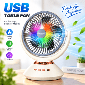 JYSUPER JY-2570 Rechargeable Table Fan – 4-Speed, LED Light, Oscillation & Solar Charging