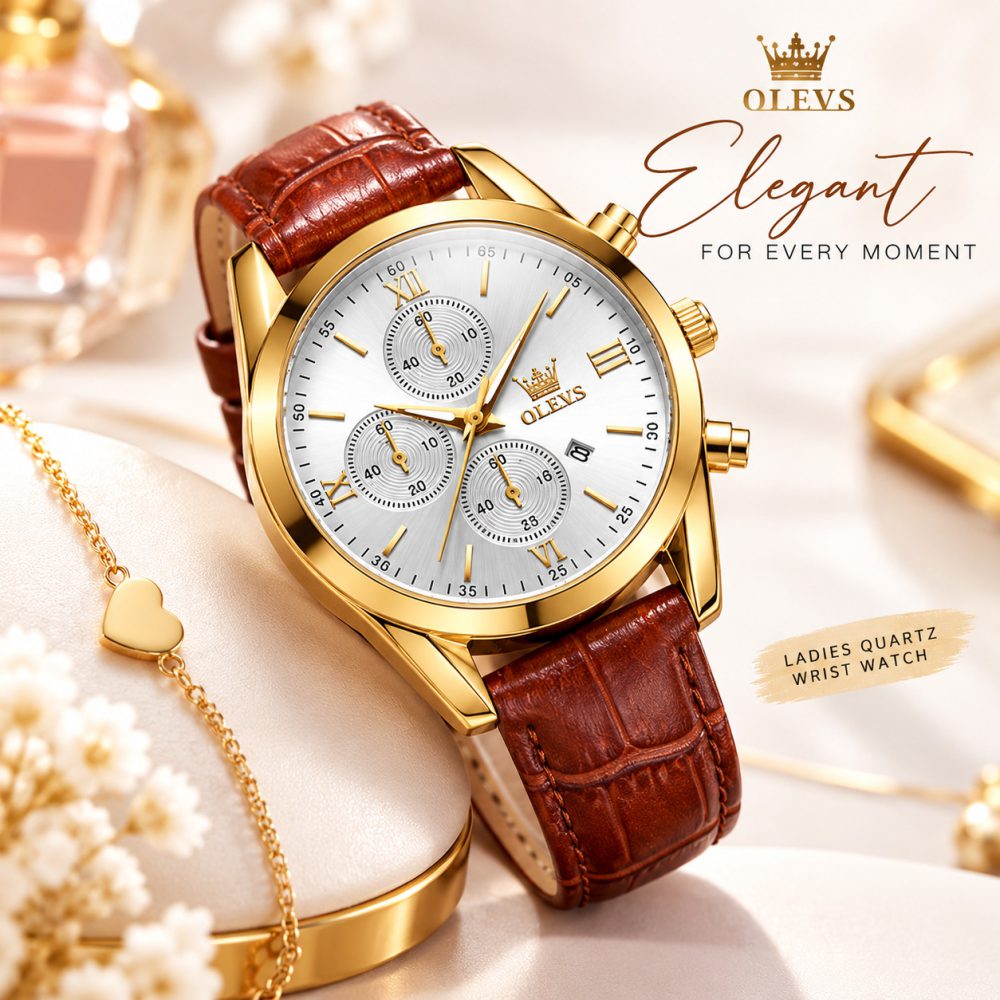 OLEVS Ladies Automatic Mechanical Watch – Leather Strap & Date Display