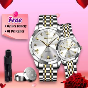 OLEVS Stainless Steel Couple Watches – Silver Butterfly Lock