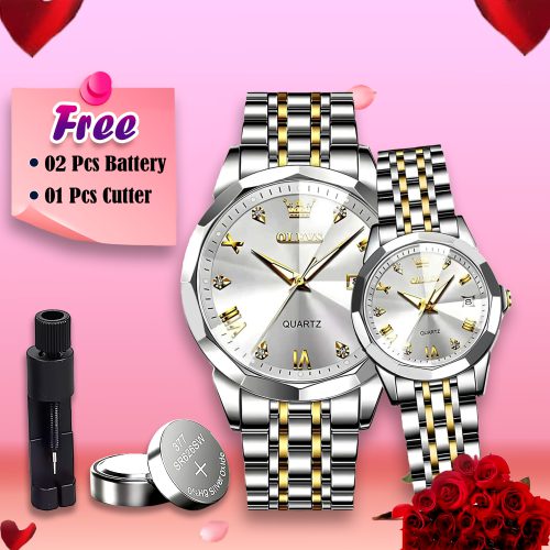 OLEVS Stainless Steel Couple Watches – Silver Butterfly Lock