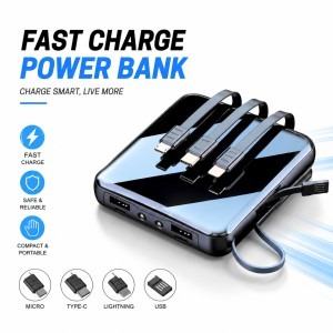Smart 10000mAh Power Bank – Fast Charging, Built-in 4-in-1 Cables & TWS Support