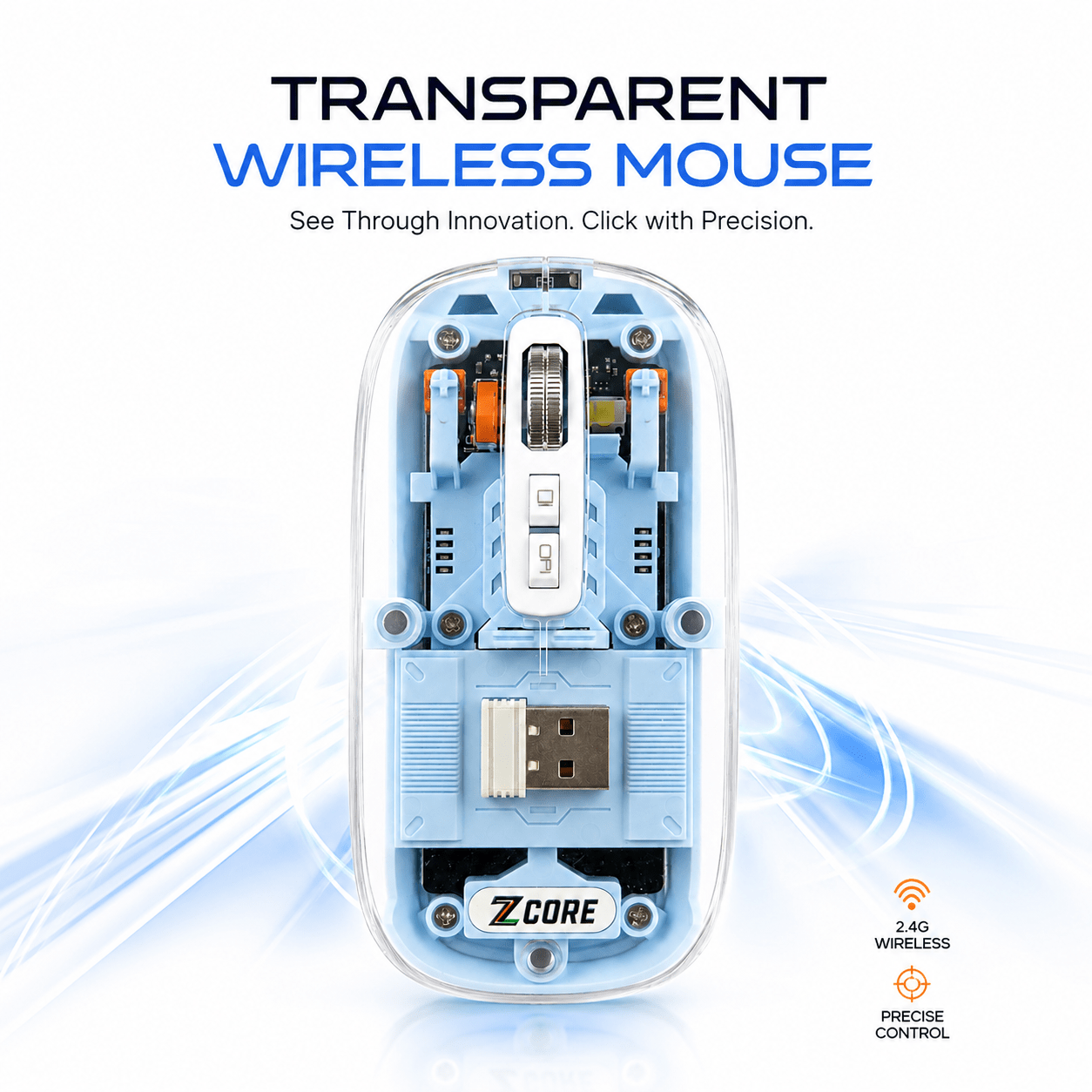 Transparent Tri-Mode Wireless Mouse – Bluetooth 5.3, 2.4G, Type-C Rechargeable, 1600 DPI & RGB Light