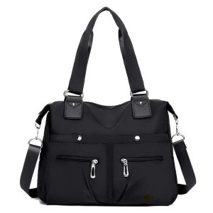 Women’s Solid Nylon Tote Bag – Lightweight Large Capacity Shoulder Bag (Black)