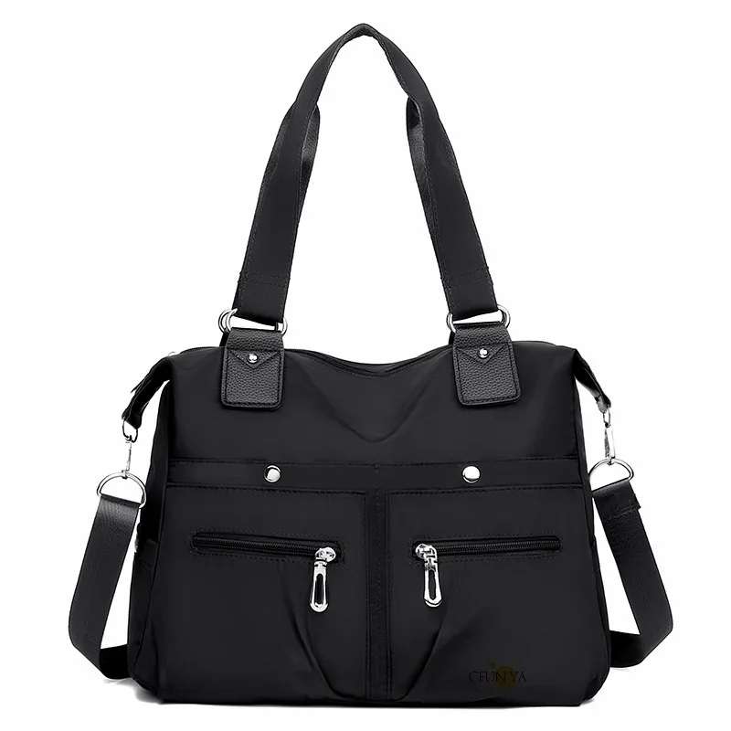 Women’s Solid Nylon Tote Bag – Lightweight Large Capacity Shoulder Bag (Black)