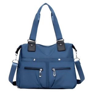 Women’s Solid Nylon Tote Bag – Lightweight Large Capacity Shoulder Bag (Blue)