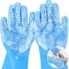 2 Pcs Magic Silicone Dishwashing Gloves with Built-In Scrubbers – Reusable Waterproof Cleaning Gloves
