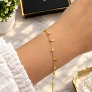 Anti-tarnish Golden Crescent Moon, Star, and Crystal Charm Bracelet (1)