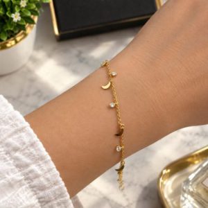 Anti-tarnish Golden Crescent Moon and Crystal Charm Bracelet (1)