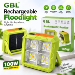 GBL 100W Solar Floodlight – Detachable Battery Outdoor LED Light with Power Bank