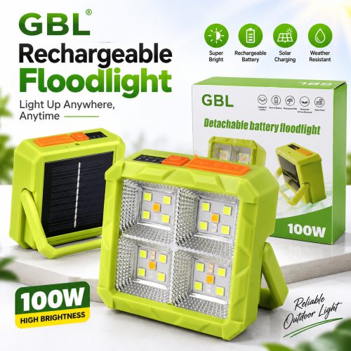 GBL 100W Solar Floodlight – Detachable Battery Outdoor LED Light with Power Bank