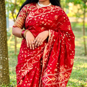 Premium-Deep-Red-and-Golden-Zari-Block-Print-Cotton-Saree