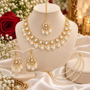 Premium Gold-Plated Kundan & Pearl Bridal Jewelry Set with Ear Chains