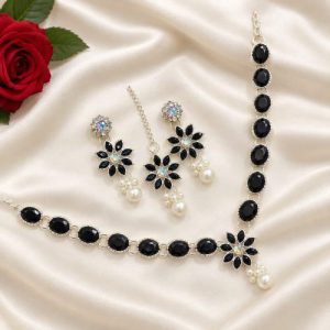 Premium Royal Black Stone and Pearl Jewelry Set