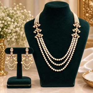Premium Three-Layer Cotton Pearl, Kundan, and Sitahar Necklace & Kanpasha Jewelry Set (1)