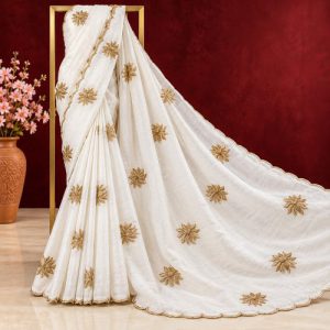 Pristine-Off-White-Organza-Saree-with-Golden-Zari-Floral-Embroidery