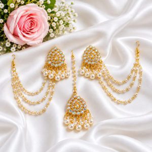 Exquisite Gold Plated Kundan & Pearl Earrings with Bahubali Ear Chains (Sahara) & Maang Tikka